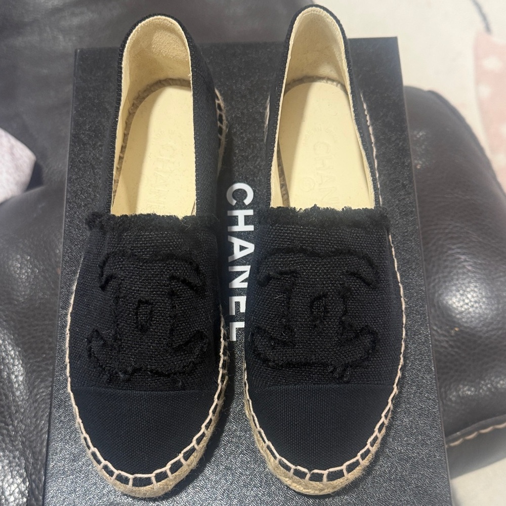CHANEL Black and Tan Espadrilles in canvas